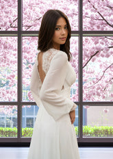 Frances | A Line Long Sleeve Appliques Lace Corset Chiffon Wedding Dress Train with V Neck - Price #price_variant_lowest# - White - PromDressClub